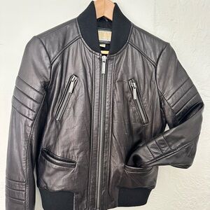 Black Leather Quilted Bomber Jacket